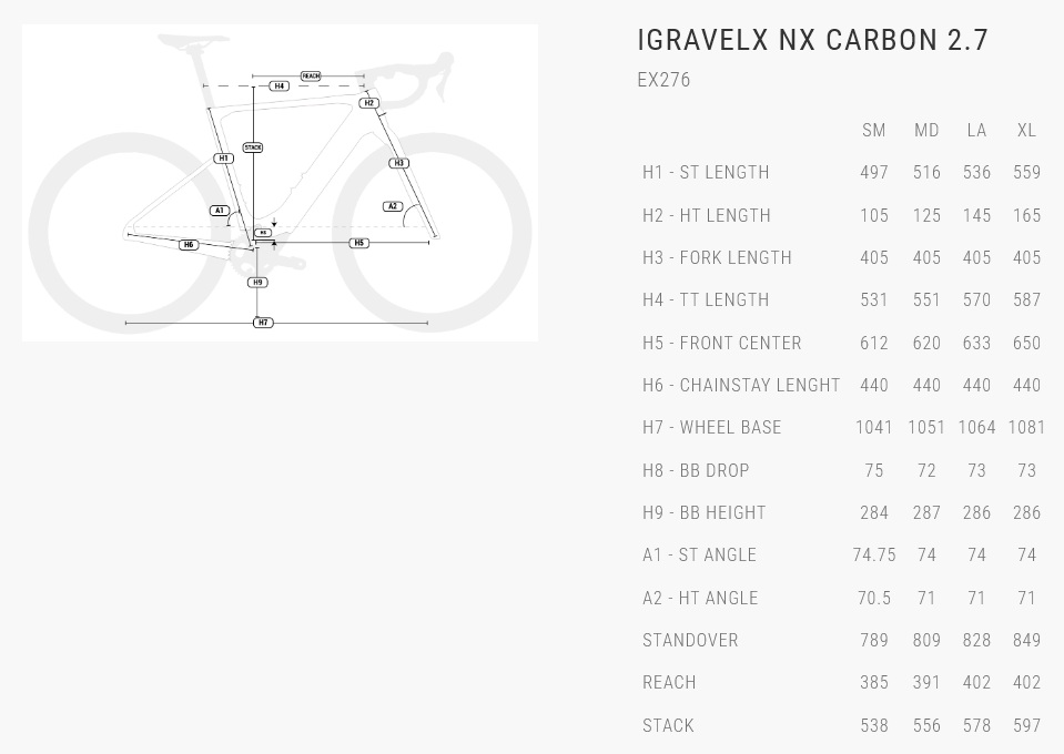 velikost rámu - geometrie BH iGRAVELX NX CARBON 2.7 EX276 barva SILVER / ORANGE