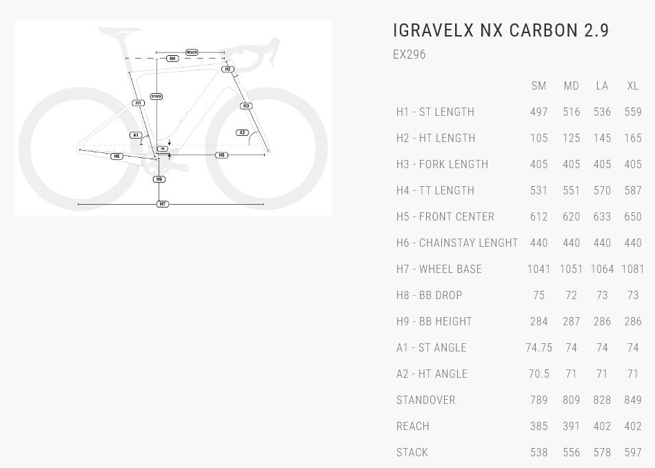 velikost rámu - geometrie BH iGRAVELX NX CARBON 2.9 EX296 barva PINK ROSE GOLD / BROWN